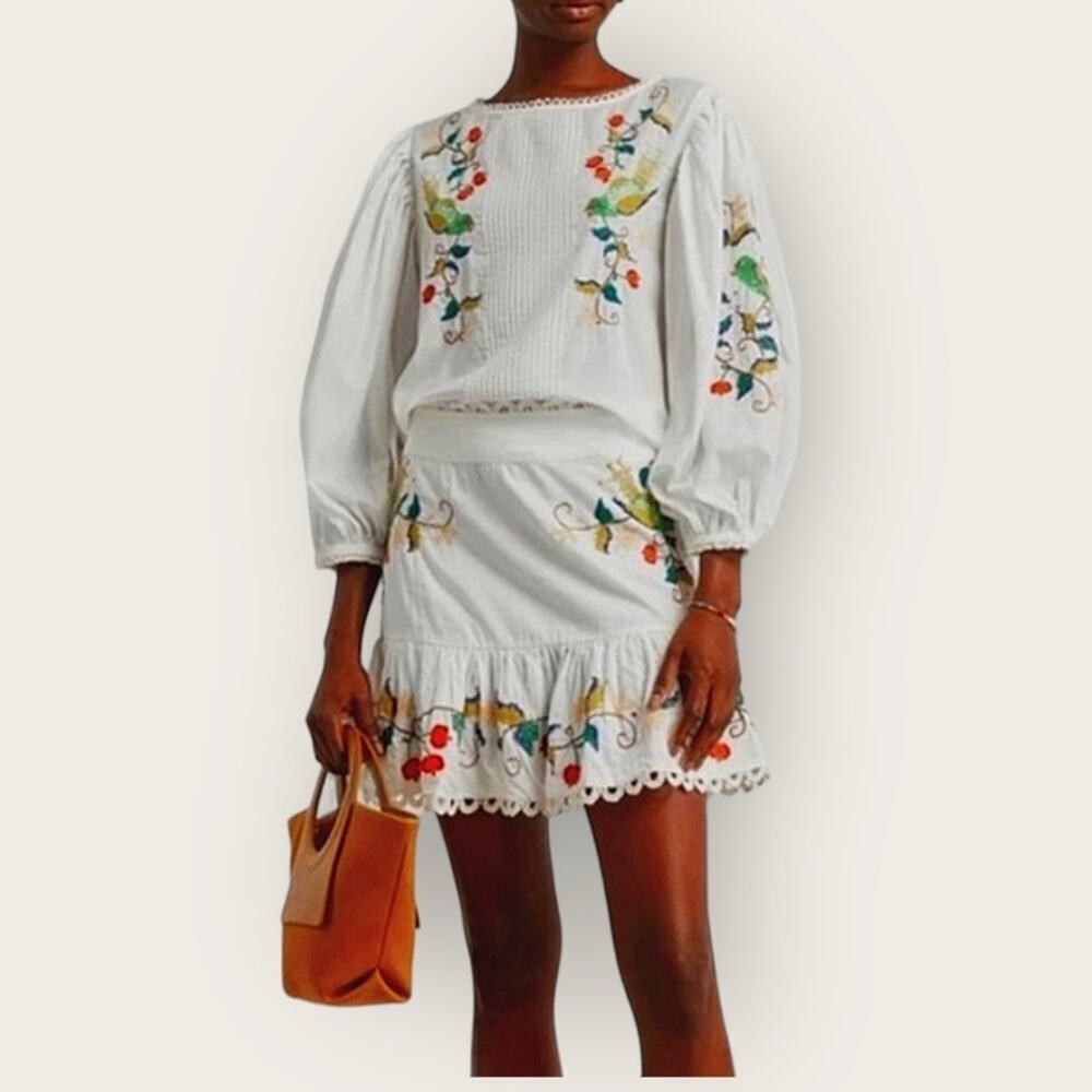 NWOT | Farm Rio | Embroidered Ruffle Mini Skirt | White | Medium